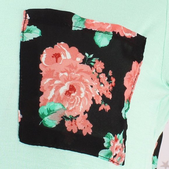 Floral Print Back Top Tee Mint Black - Picture 3 of 7